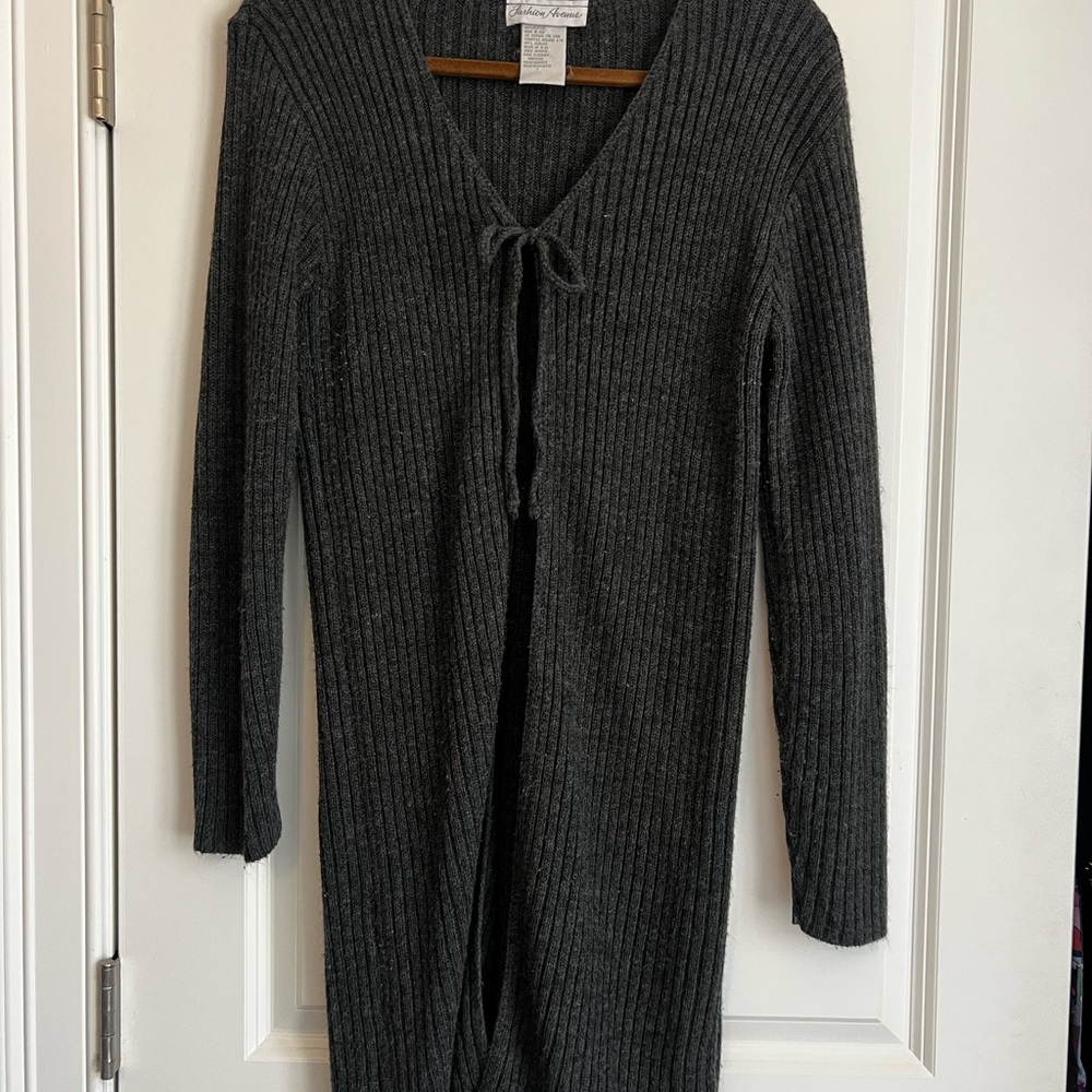 Long Ribbed Tie-Front Sweater - Charcoal Gray